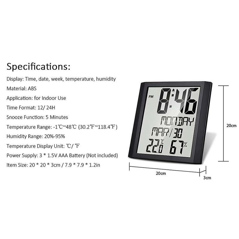 Digital Wall Clock with Temperature & Humidity 8.6 inch Display Time/Date/Week Alarm Clock for Home