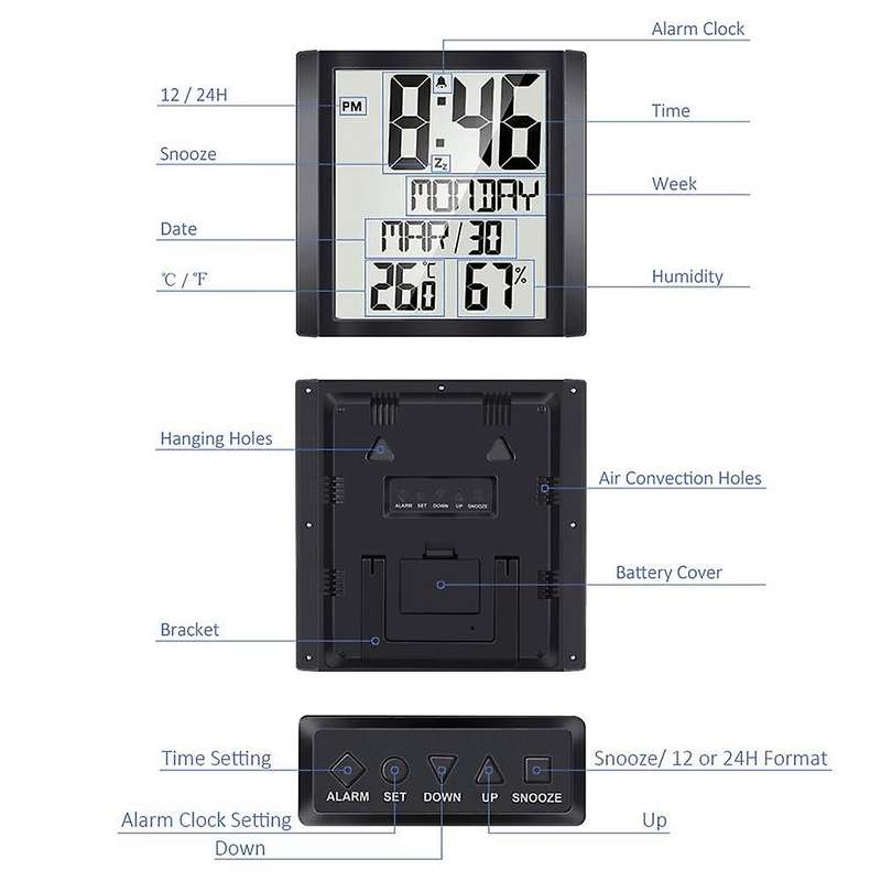 Digital Wall Clock with Temperature & Humidity 8.6 inch Display Time/Date/Week Alarm Clock for Home