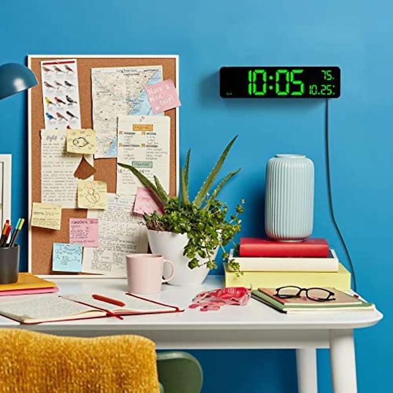 Digital Wall Clock Display with Time, Date, Temperature, LED Digital Alarm Clock with Snooze for Be
