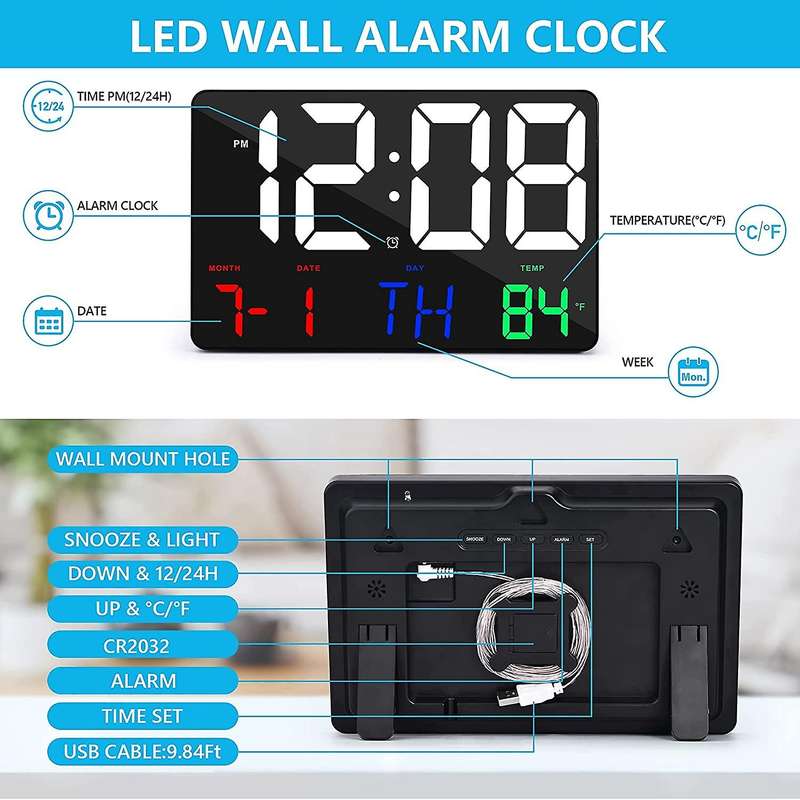 Digital Wall Clock Large Display Alarm Clock with Wireless Remote Control Led Wall Clock with Date