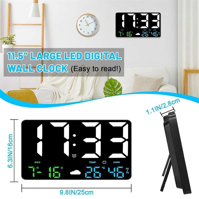 Digital Wall Clock Display, 11.5Inch USB LED Digital Wall Clocks Alarm Clock for Bedrooms with Weat