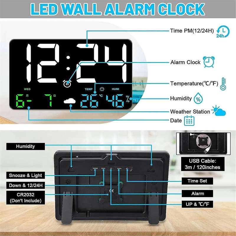 Digital Wall Clock Display, 11.5Inch USB LED Digital Wall Clocks Alarm Clock for Bedrooms with Weat