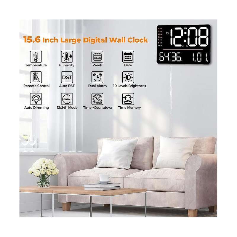 Digital Wall Clock,15.6 in LED Wall Clocks Display,With Remote Control,for Living Room Office Class