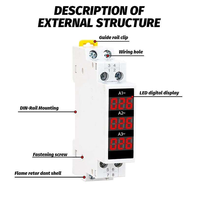 Din Rail Mount 3 Phase Ampere Meter Mini Modular Current Meter Gauge Indicator LED Digital Display D