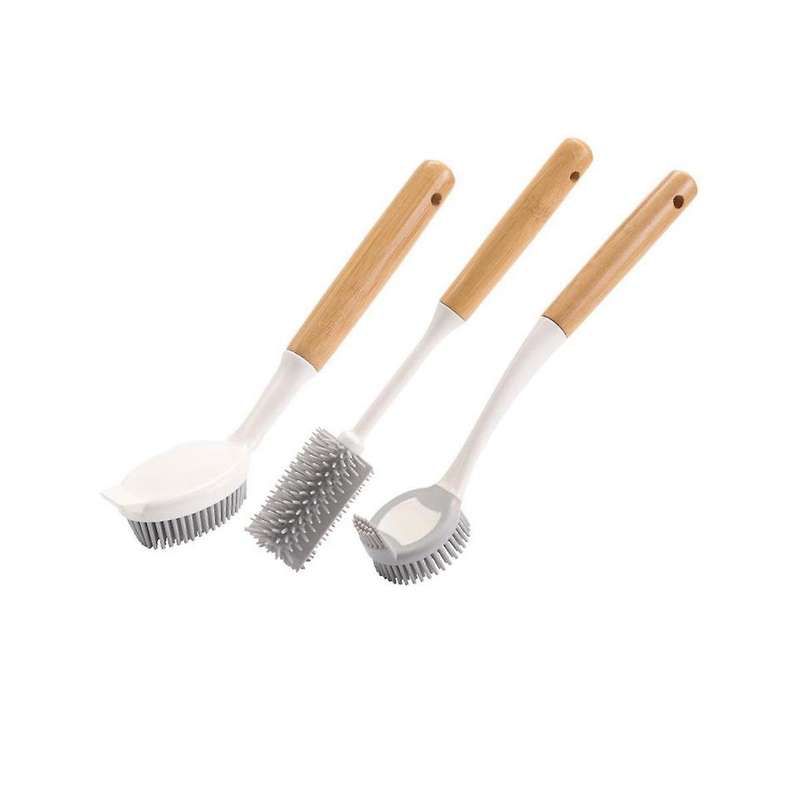 Dish Brush with Bamboo Handle Dish Scrubber Pan Brush, Dishwashing and Cleaning Double Head Pan Brus