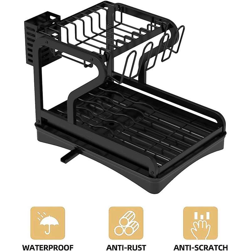 Dish Drying Rack for Kitchen Counter, 2-Tier Drainboard Set with Double-Layer Bowl Rack, Cup Rack