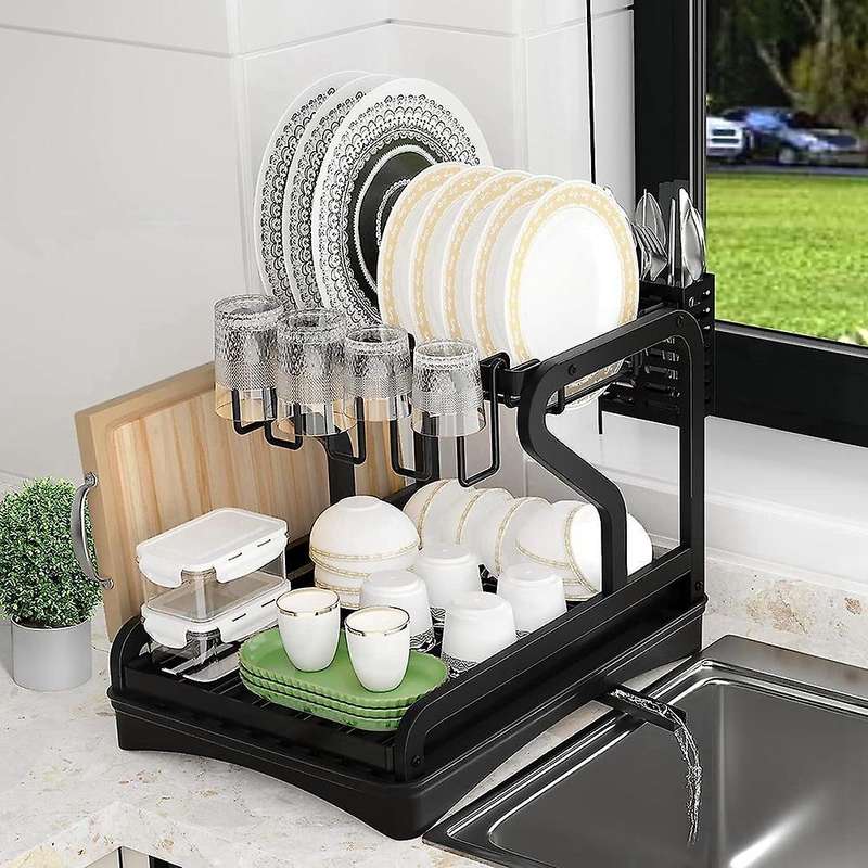Dish Drying Rack for Kitchen Counter, 2-Tier Drainboard Set with Double-Layer Bowl Rack, Cup Rack