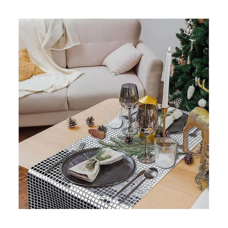 Disco Party Table Runner Mirror Silver Foil Table Runner Glitter Metallic Table Cover for Disco Danc