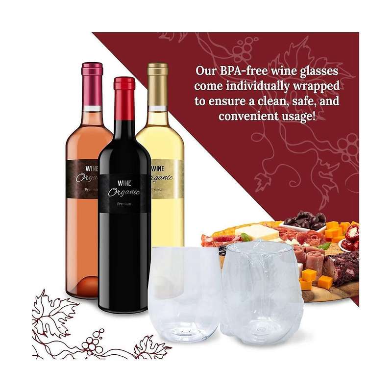 Disposable Wine Glasses, Stemless Plastic Wine Glasses for Parties Wine Cups, Plastic Champagne Gla