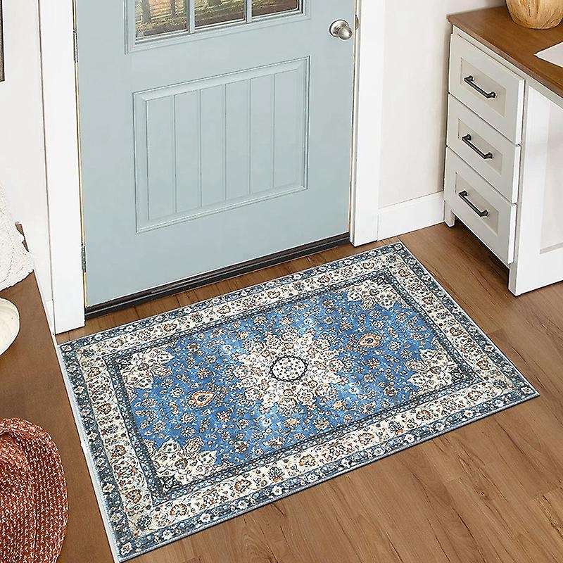 Distressed Entryway Rug Doormat Bohemian Faux Wool Floor Carpet for Indoor Front Entrance Kitchen Ba