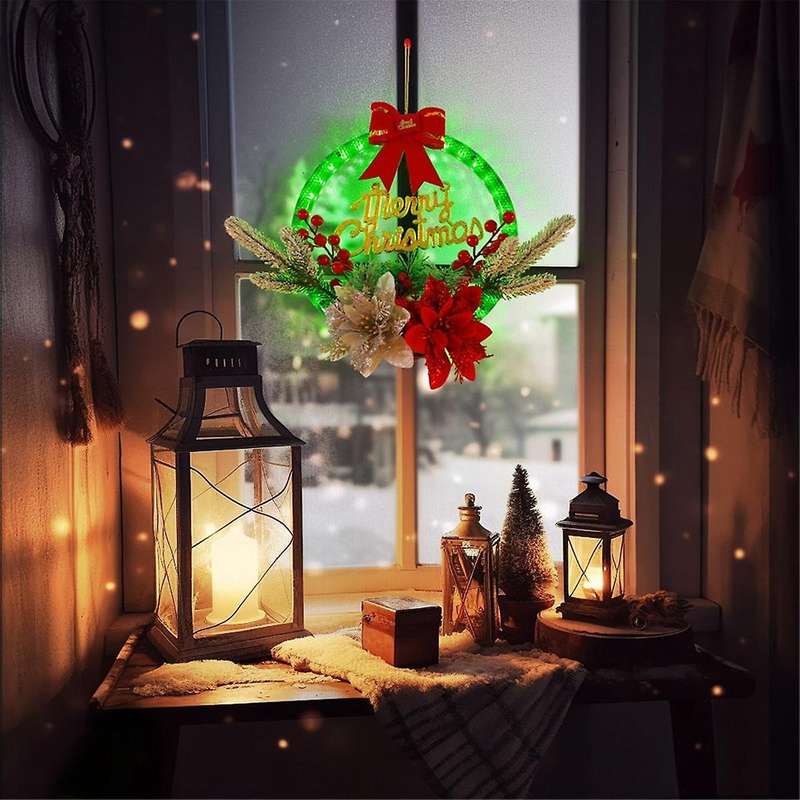 Diy Led Christmas Wreath, Green, Evergree for Front Door for Window Outdoor Wall Decor 11.8x11inch