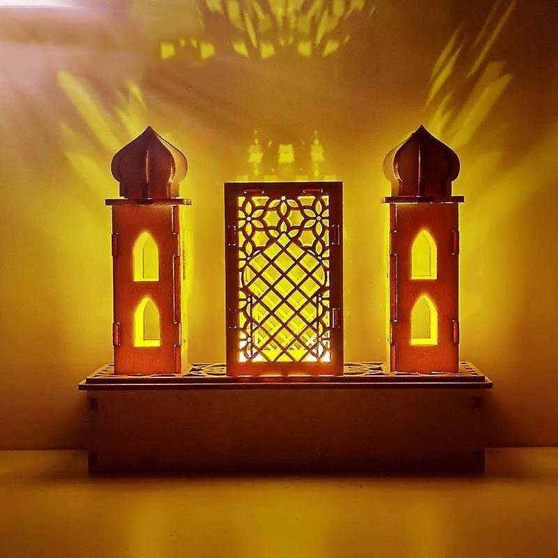 DIY Wooden Muslim Palaces Lamp LED Wooden Night Light Eid Ramadan Home Party Desktop Decoration-B
