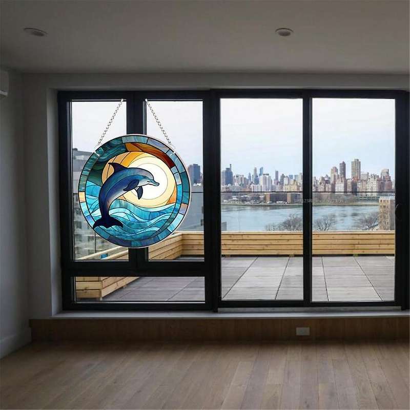 Dolphin Stained Acrylic Window Hanging Ornament, Ocean Themed Decor Hanging with Chain,for Indoor Ou