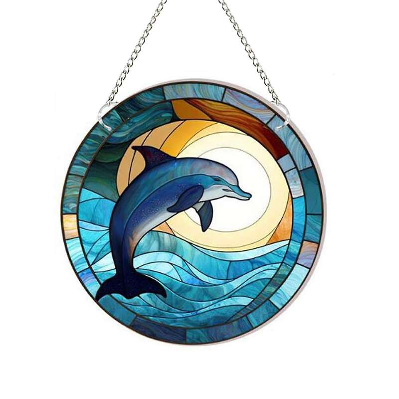 Dolphin Stained Acrylic Window Hanging Ornament, Ocean Themed Decor Hanging with Chain,for Indoor Ou