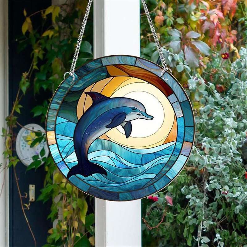 Dolphin Stained Acrylic Window Hanging Ornament, Ocean Themed Decor Hanging with Chain,for Indoor Ou