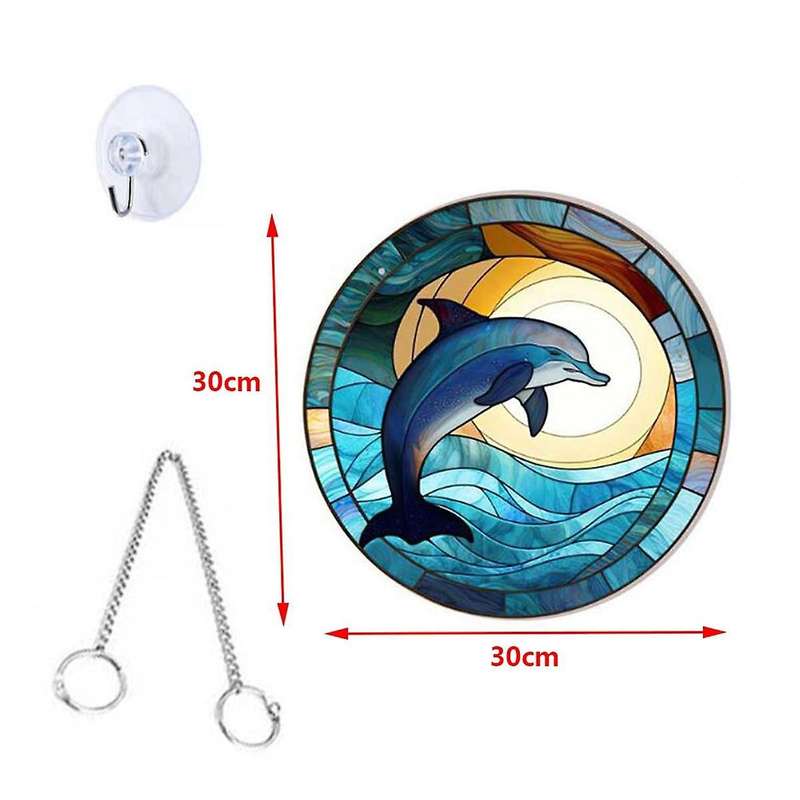 Dolphin Stained Acrylic Window Hanging Ornament, Ocean Themed Decor Hanging with Chain,for Indoor Ou