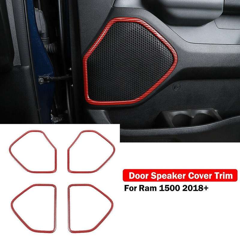 Door Speaker Trim Cover Decor Frame ABS Interior Accessories for Ram 1500 2018-2021 (Red Carbon Fibe