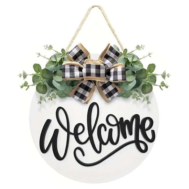 Door Welcome Sign Farmhouse Door Front Door Decoration Rural Green Plants Round Wooden Hanging Sign