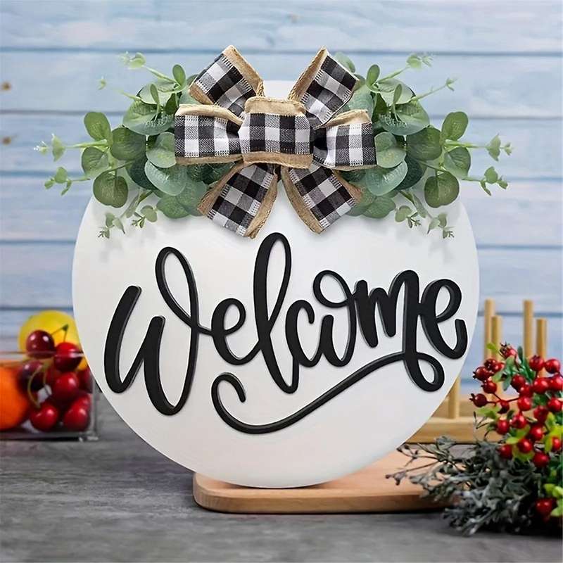 Door Welcome Sign Farmhouse Door Front Door Decoration Rural Green Plants Round Wooden Hanging Sign
