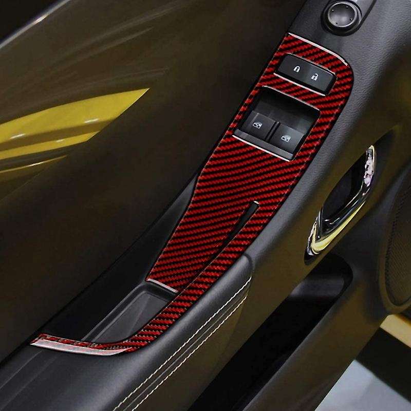 Door Window Control Switch Panel Sticker Trim Decal for 2013-2015 Accessories, Black+Red Carbon Fibe