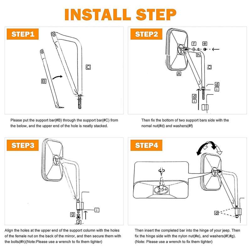 Doors Off Mirrors for Wrangler CJ YJ TJ JK JL & Unlimited, Wider Rearview Mirrors Square Door Side H