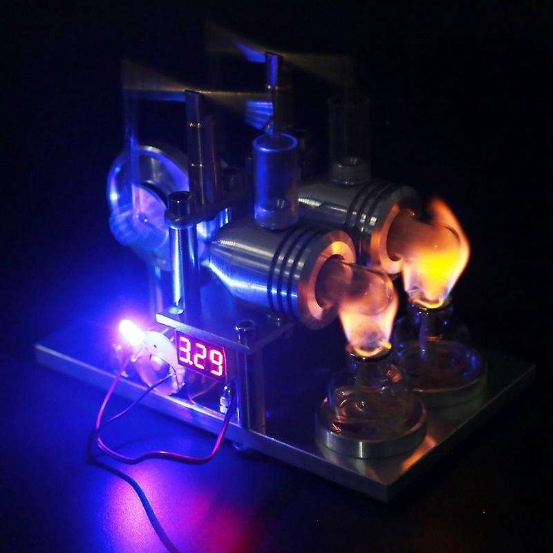 Double Cylinder Stirling Engine Motor Model with Voltage Display Meter Science Experiment Engine Tea