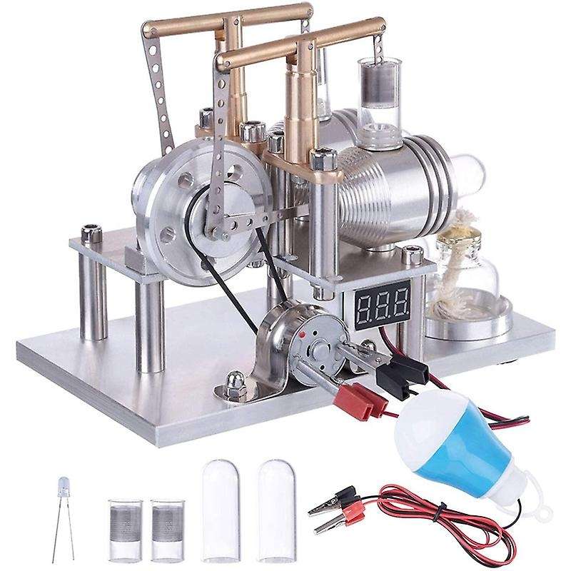 Double Cylinder Stirling Engine Motor Model with Voltage Display Meter Science Experiment Engine Tea