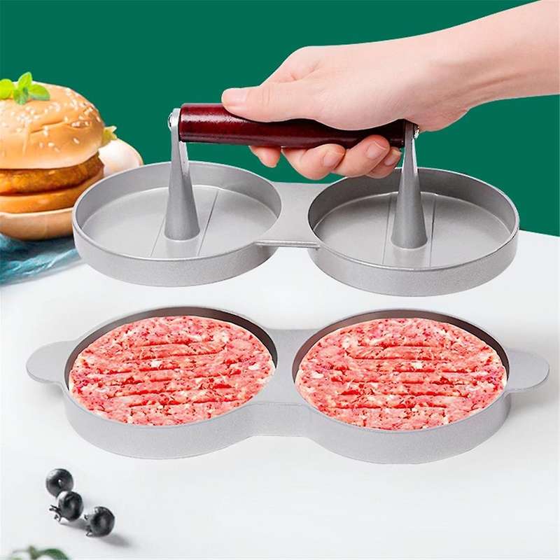 Double Hamburger Press, Aluminium Alloy Burger Patty Maker with Wooden Handle, Meat Press, Round Ha
