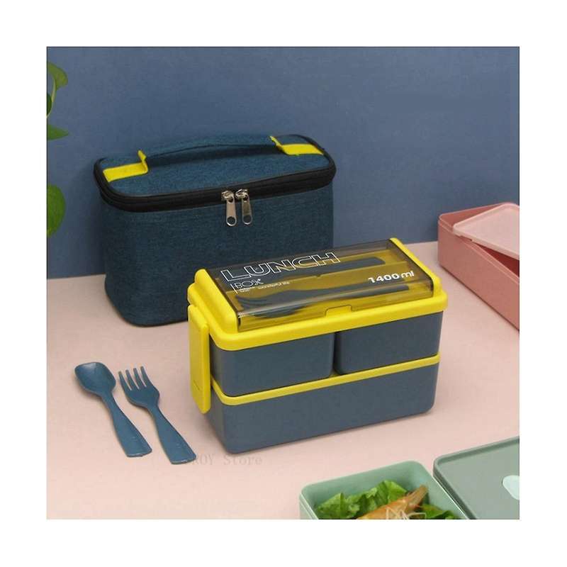 Double Layer Portable Lunch Box with Fork and Spoon Microwave Bento Boxes Dinnerware Set Food Stora
