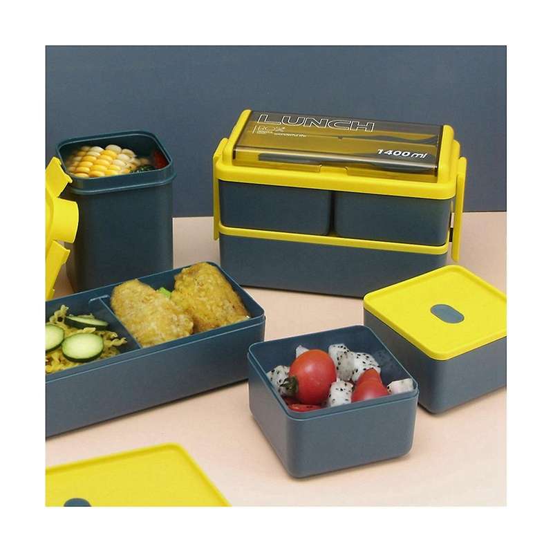Double Layer Portable Lunch Box with Fork and Spoon Microwave Bento Boxes Dinnerware Set Food Stora