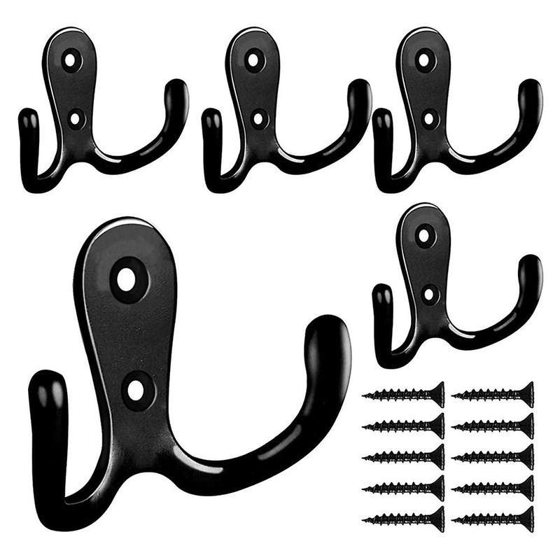 Double Prong Robe Hook with Screws, Dual Coat Hooks Wall Mounted Hanging Clothes for Bathroom Bedro