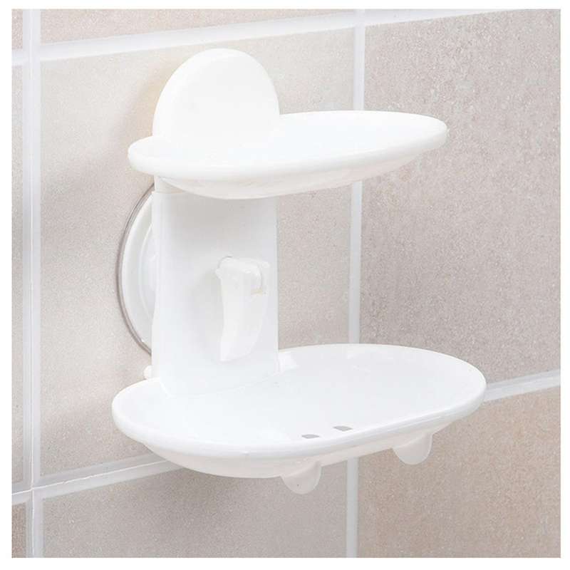 Double Soap Dish Strong Suction Soap Holder Cup Tray Compatible Shower Bathroom (White)