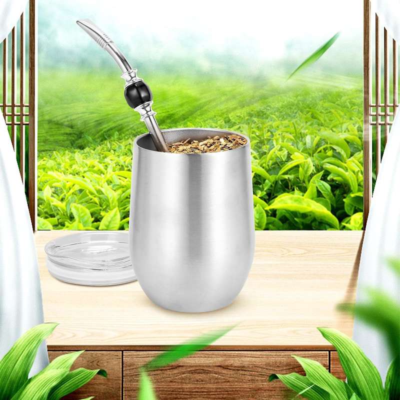 Double-wall Stainless Yerba Gourd Mate Tea Set Water Mate Tea Cup with Lid Head Filter Spoon Straw