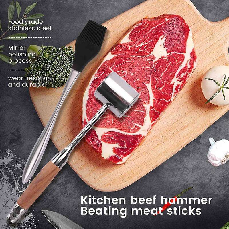 Double-Sided Meat Tenderizer Hammer with Non- Wooden Handle, Steak Hammer with Silicone Oil Brush