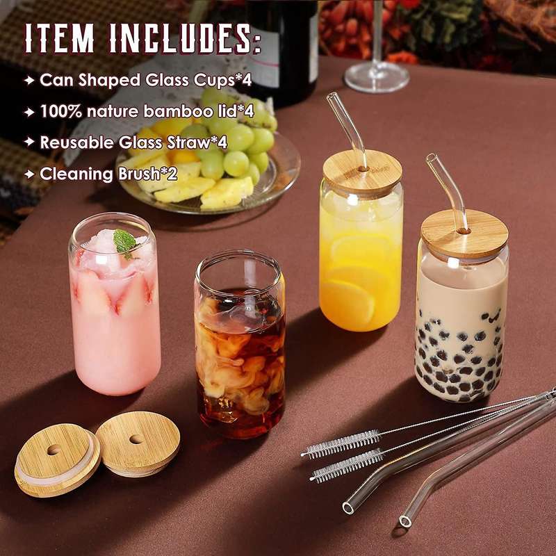Drinking Glasses with Bamboo Lids and 4pcs Set - 16oz Can Shaped Glass Cups,beer Glasses,iced Coffe