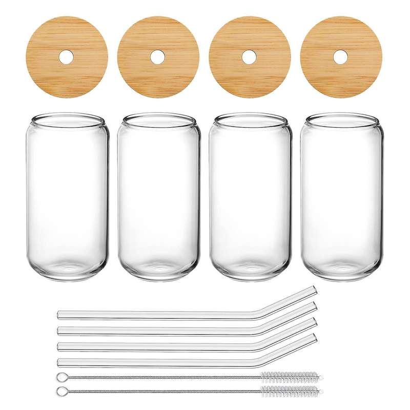 Drinking Glasses with Bamboo Lids and 4pcs Set - 16oz Can Shaped Glass Cups,beer Glasses,iced Coffe
