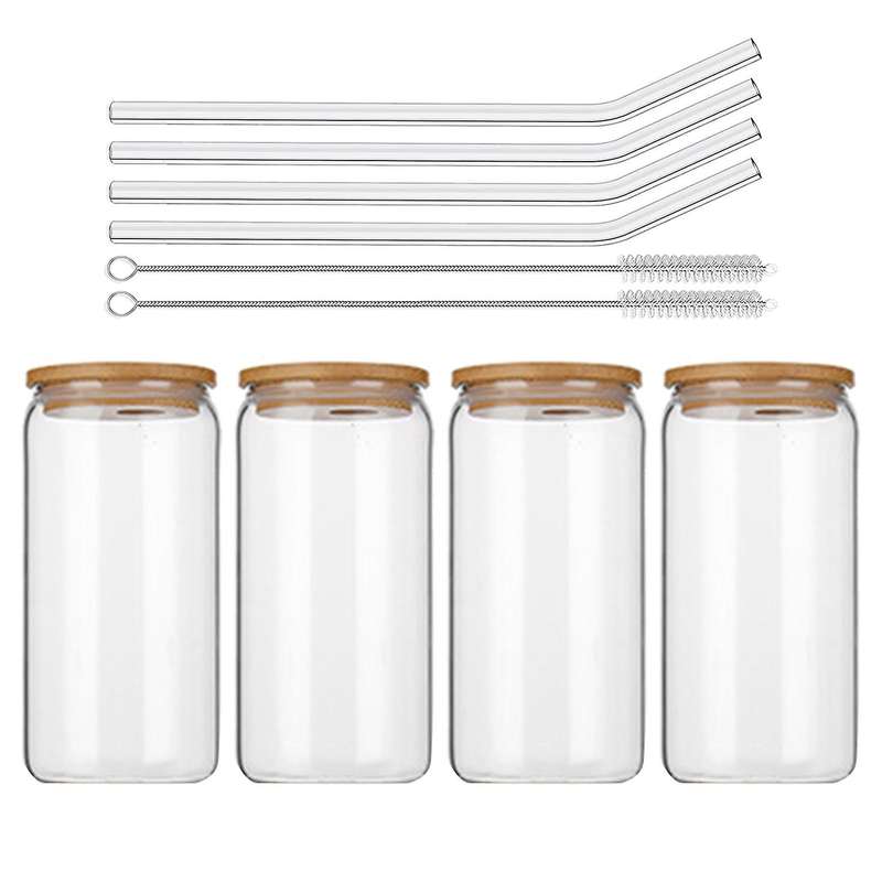 Drinking Glasses with Bamboo Lids and 4pcs Set - 16oz Can Shaped Glass Cups,beer Glasses,iced Coffe