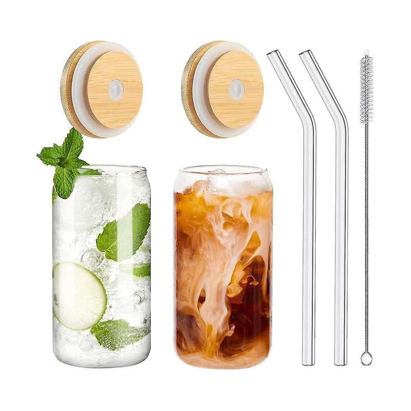 Drinking Glasses with Bamboo Lids and 2pcs Set, 16oz Can Shaped Glass Cups with Lids and Straws,beer