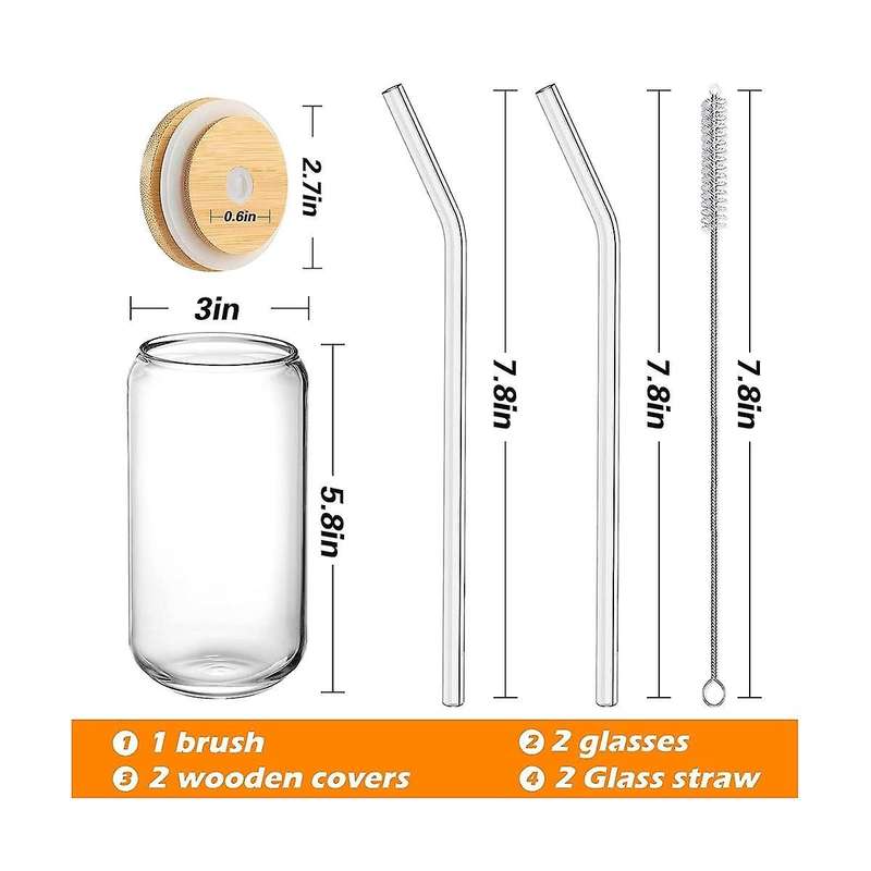 Drinking Glasses with Bamboo Lids and 2pcs Set, 16oz Can Shaped Glass Cups with Lids and Straws,beer