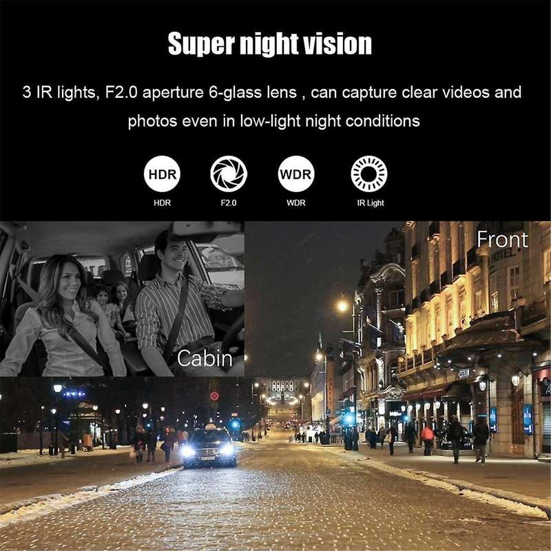 Dual Dash Cam Front and Inside 1440P+1080P Car Black Box Dash Camera 3 Inch IPS Camera Recorder Nig
