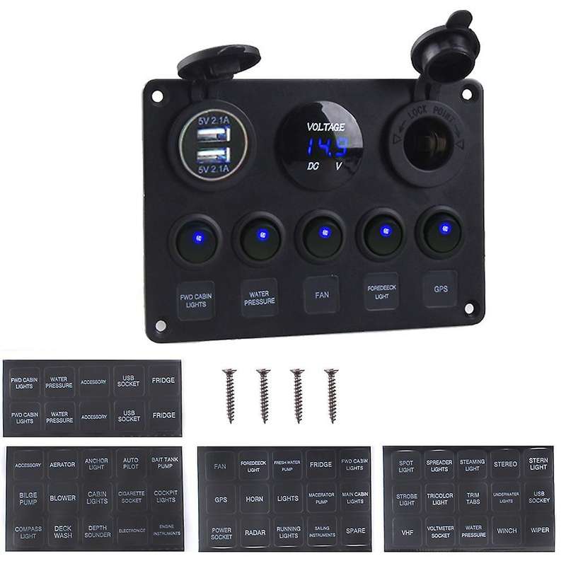 Dual USB Socket Charger LED Voltmeter 12V Power Outlet 5 Gang ON-OFF Toggle Switch Panel for Car Boa