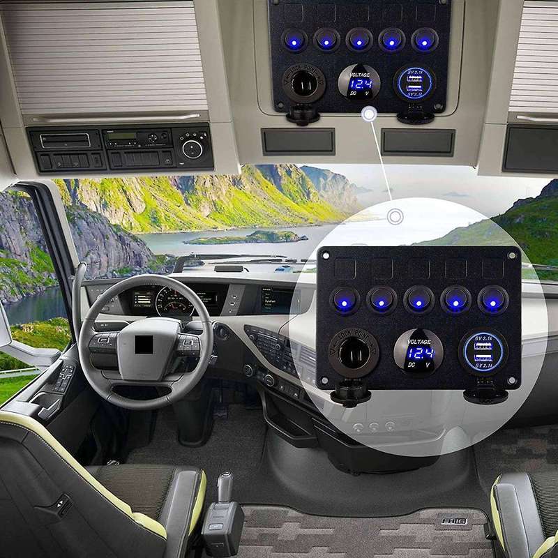 Dual USB Socket Charger LED Voltmeter 12V Power Outlet 5 Gang ON-OFF Toggle Switch Panel for Car Boa