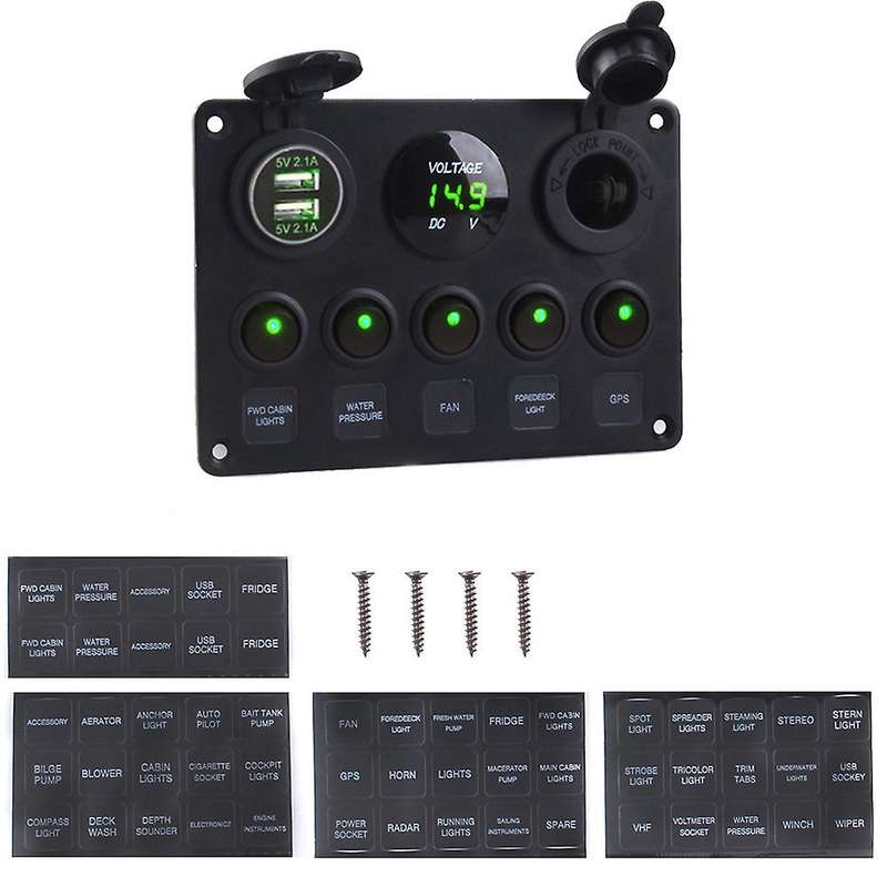 Dual USB Socket Charger LED Voltmeter 12V Power Outlet 5 Gang ON-OFF Toggle Switch Panel for Car Boa