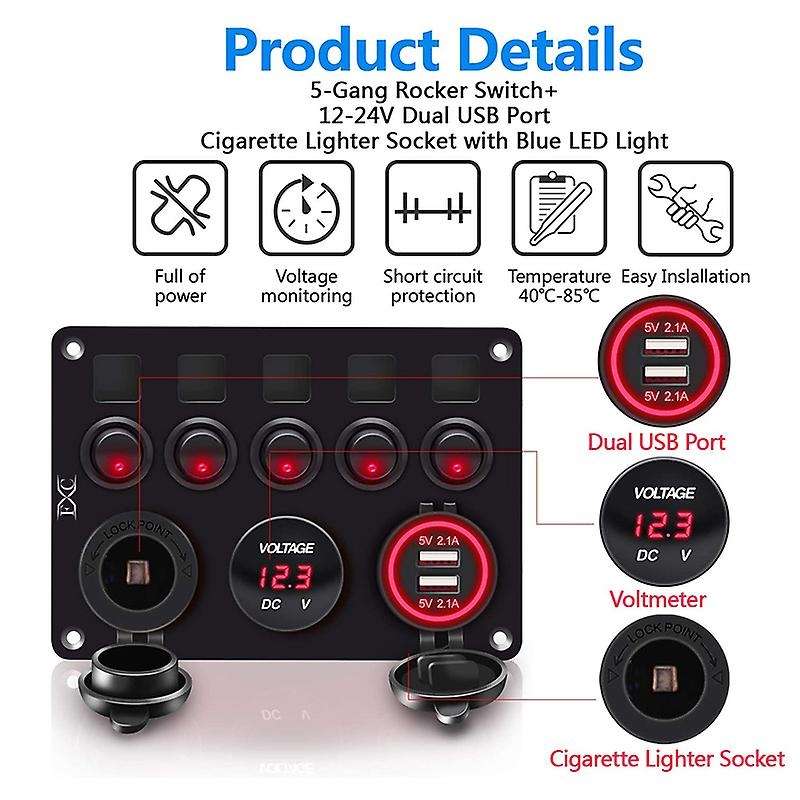 Dual USB Socket Charger LED Voltmeter 12V Power Outlet 5 Gang ON-OFF Toggle Switch Panel for Car Boa