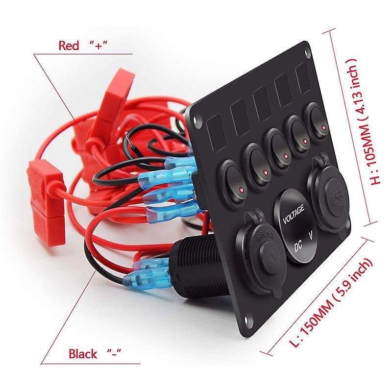 Dual USB Socket Charger LED Voltmeter 12V Power Outlet 5 Gang ON-OFF Toggle Switch Panel for Car Boa