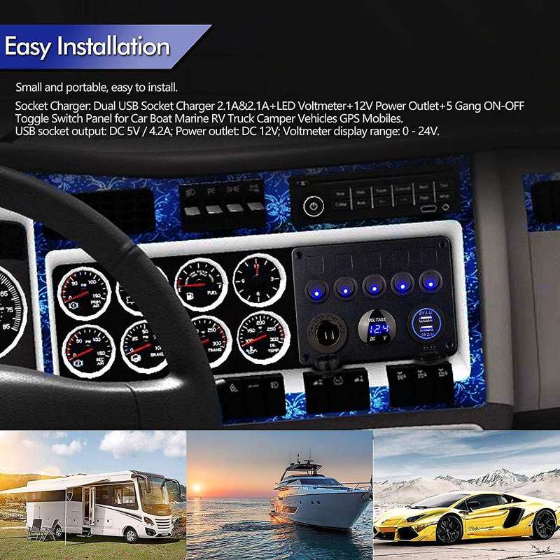 Dual USB Socket Charger LED Voltmeter 12V Power Outlet 5 Gang ON-OFF Toggle Switch Panel for Car Boa