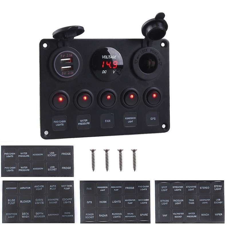 Dual USB Socket Charger LED Voltmeter 12V Power Outlet 5 Gang ON-OFF Toggle Switch Panel for Car Boa