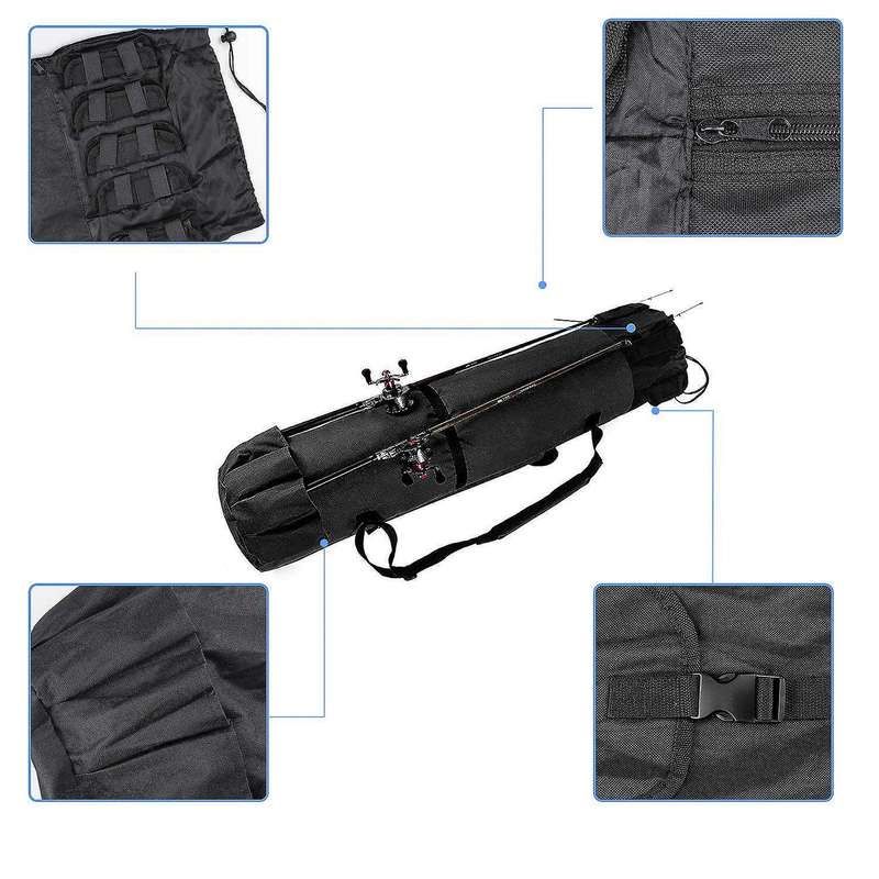 Durable Canvas Fishing Rod & Reel Organizer Bag Travel Carry Case Bag- Holds 5 Poles & Tackle