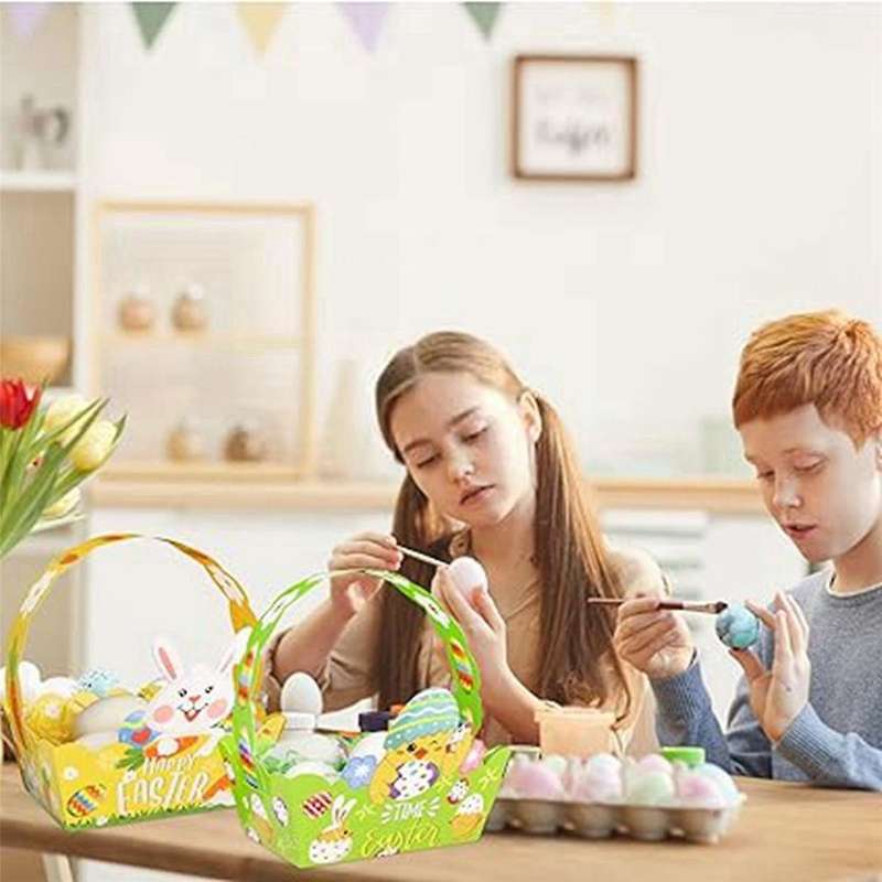 Easter Baskets with Handle,Paper Easter Party Easter Egg Hunt Activities Basket for Children Crafts,