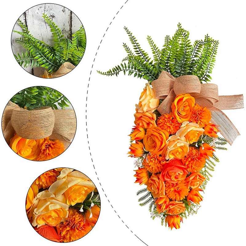 Easter Carrot Wreaths for Front Door, Artificial Easter Wreaths with Green Leaf Bow, Farmhouse Wreat
